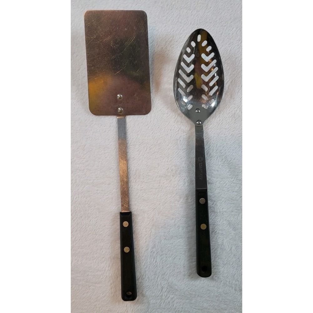 Vintage Utensil Stainless Steel Spatula Slotted Spoon‎ Wood Handle EKCO Flint